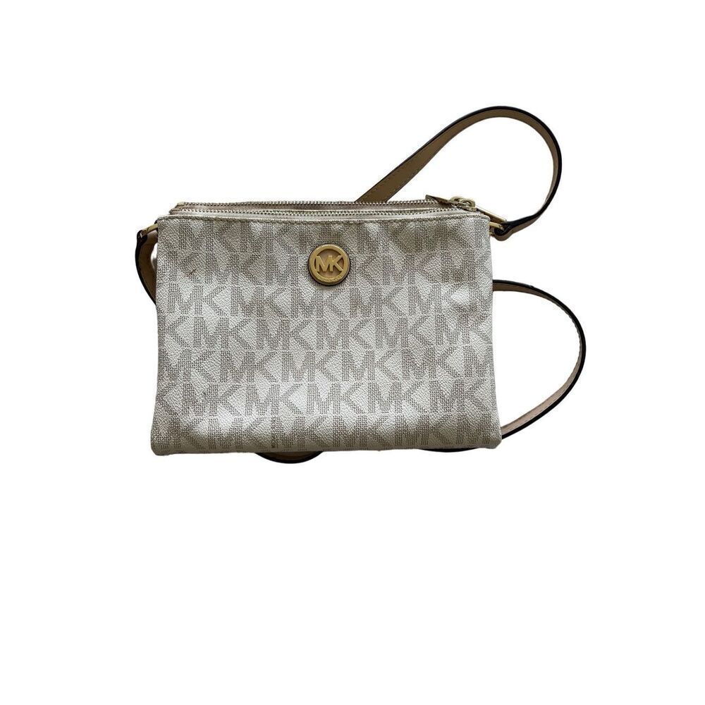 Michael Kors Womens White Tan Monogram Coated Canvas andโLeather Crossbody Bag